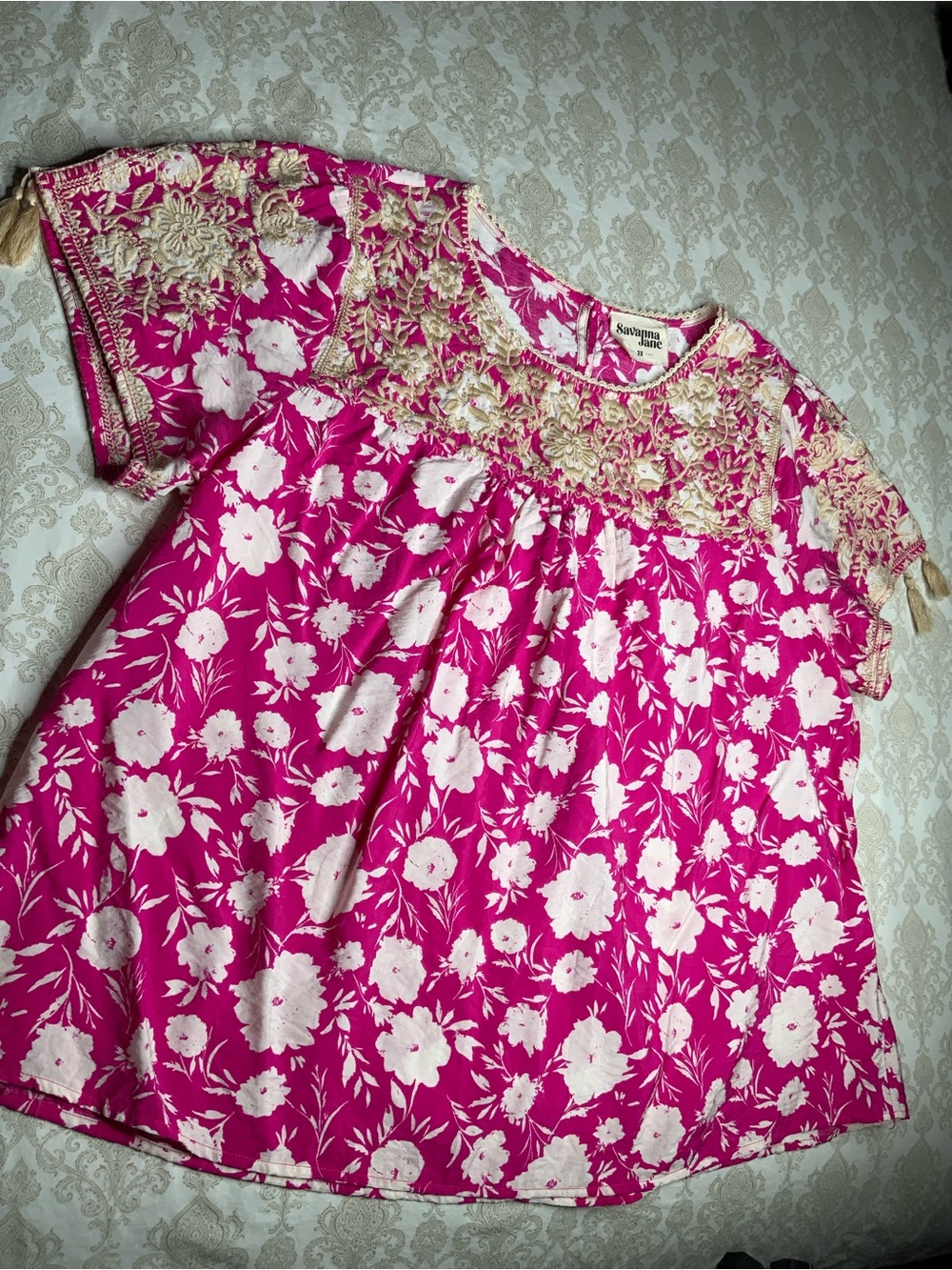Savanna Jane Hot Pink Floral Embroidered Woven Top 3X - Picture 2 of 10